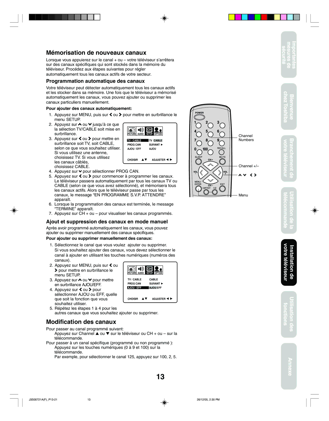 Toshiba 14AF46C, 20AF46C Mémorisation de nouveaux canaux, Modification des canaux, Programmation automatique des canaux 