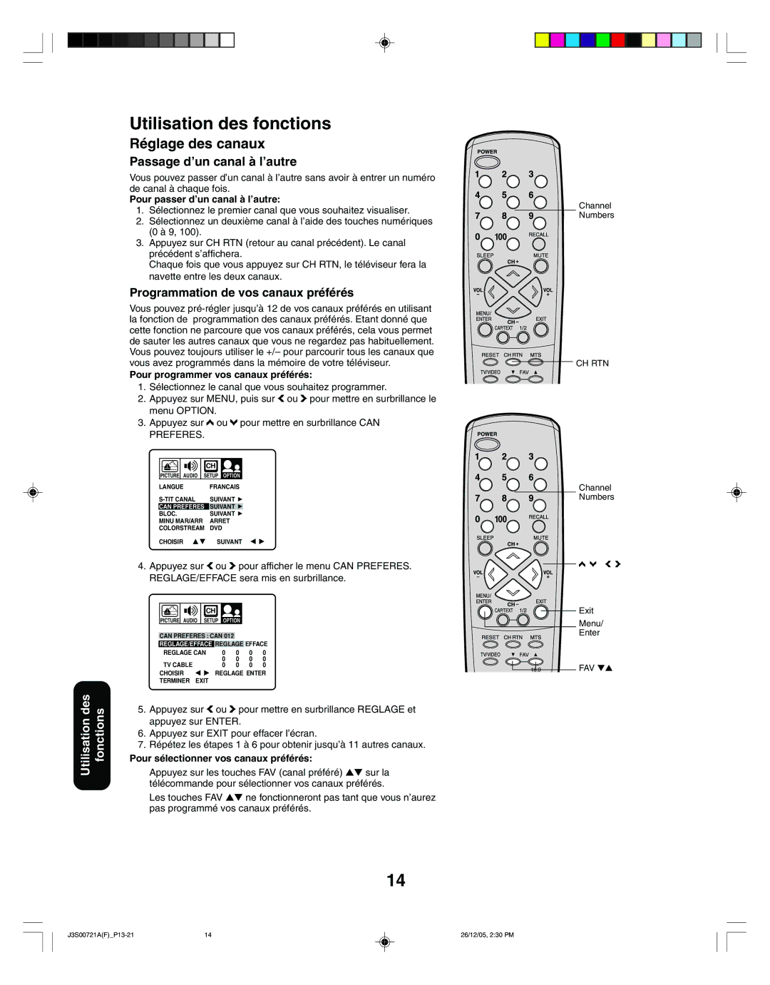 Toshiba 20AF46C, 14AF46C appendix Utilisation des fonctions, Réglage des canaux, Passage d’un canal à l’autre 