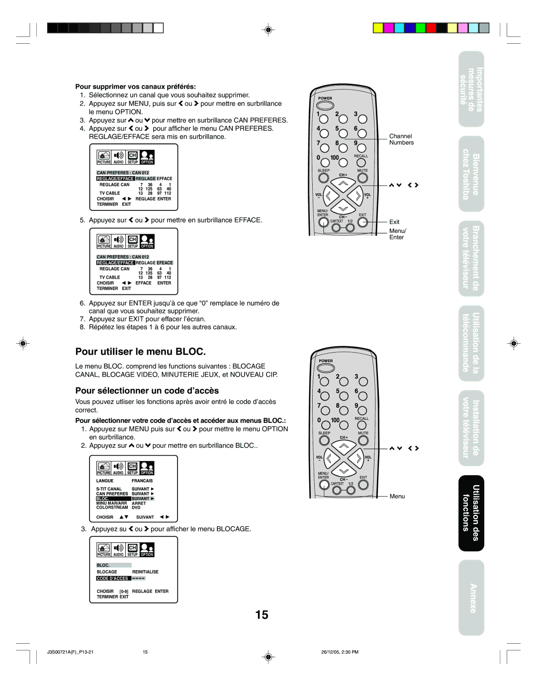 Toshiba 14AF46C, 20AF46C Pour utiliser le menu Bloc, Pour sélectionner un code d’accès, Pour supprimer vos canaux préférés 