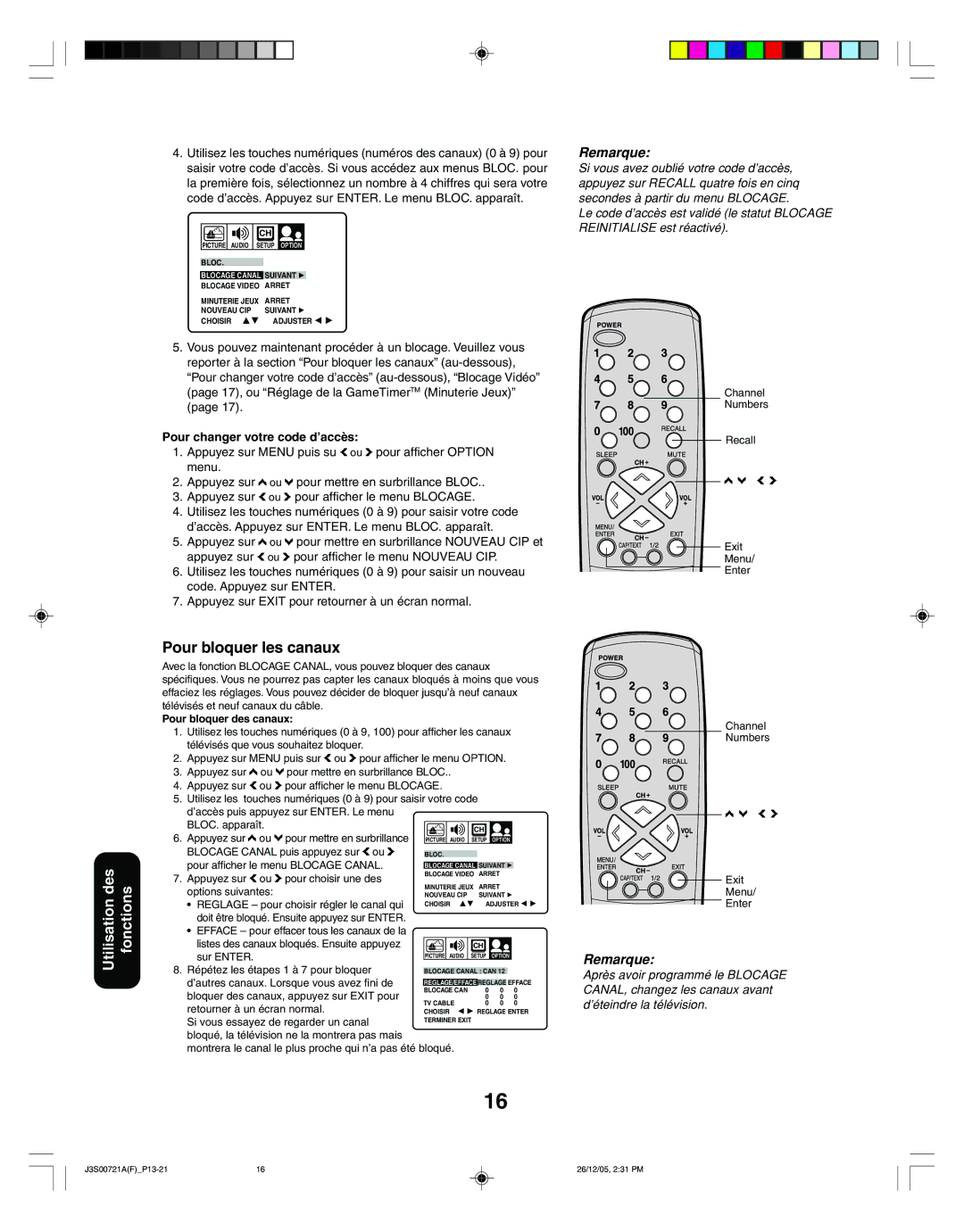 Toshiba 20AF46C, 14AF46C appendix Pour bloquer les canaux, Pour changer votre code d’accès 