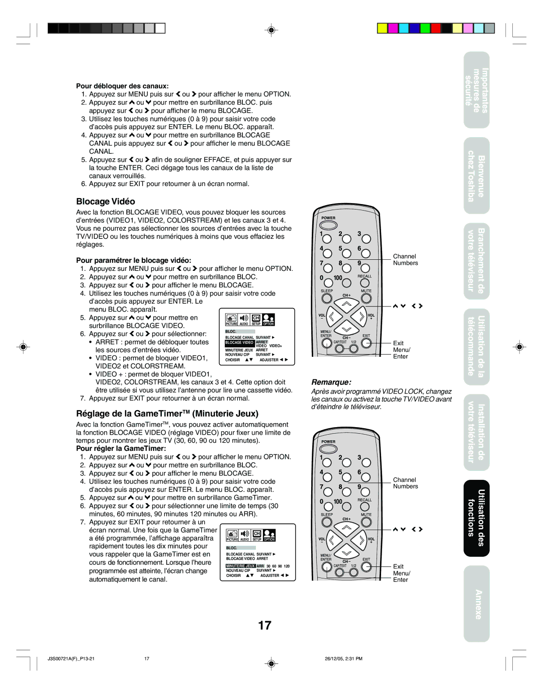 Toshiba 14AF46C, 20AF46C appendix Blocage Vidéo, Réglage de la GameTimerTM Minuterie Jeux, Pour débloquer des canaux 