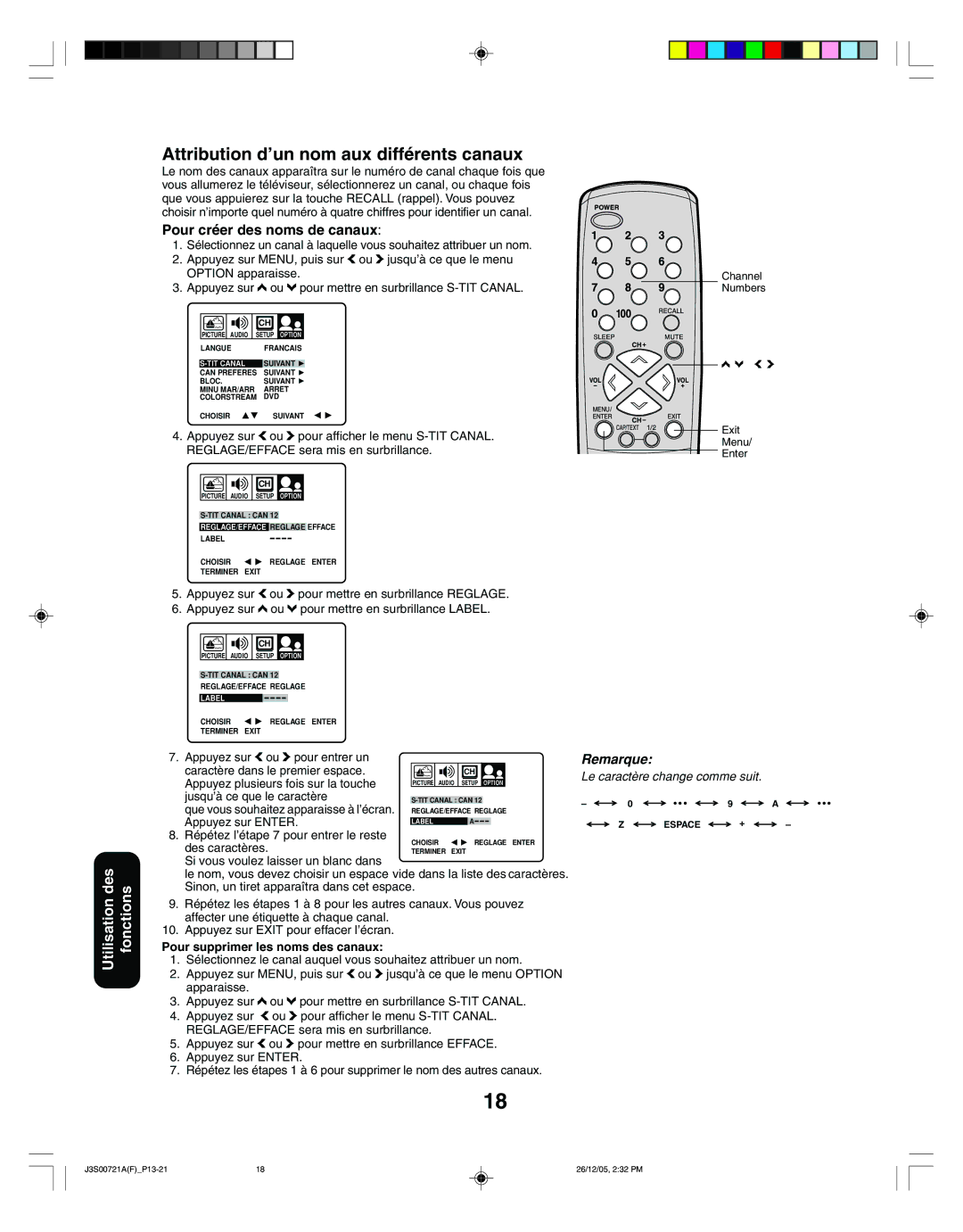 Toshiba 20AF46C, 14AF46C appendix Attribution d’un nom aux différents canaux, Pour supprimer les noms des canaux 