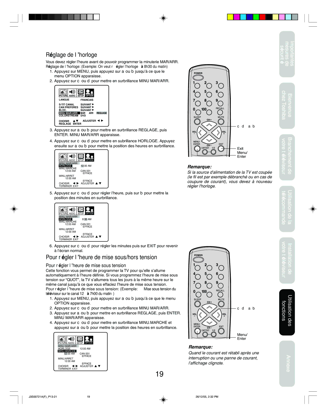 Toshiba 14AF46C, 20AF46C appendix Réglage de l’horloge, Pour régler l’heure de mise sous/hors tension 