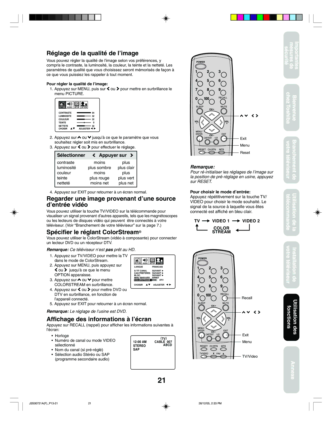 Toshiba 14AF46C, 20AF46C appendix Réglage de la qualité de l’image, Regarder une image provenant d’une source d’entrée vidéo 