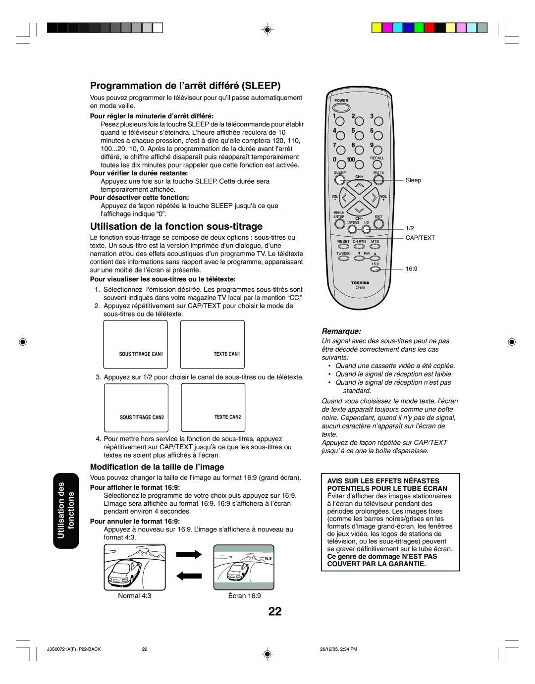 Toshiba 20AF46C, 14AF46C appendix Programmation de l’arrêt différé Sleep, Utilisation de la fonction sous-titrage 