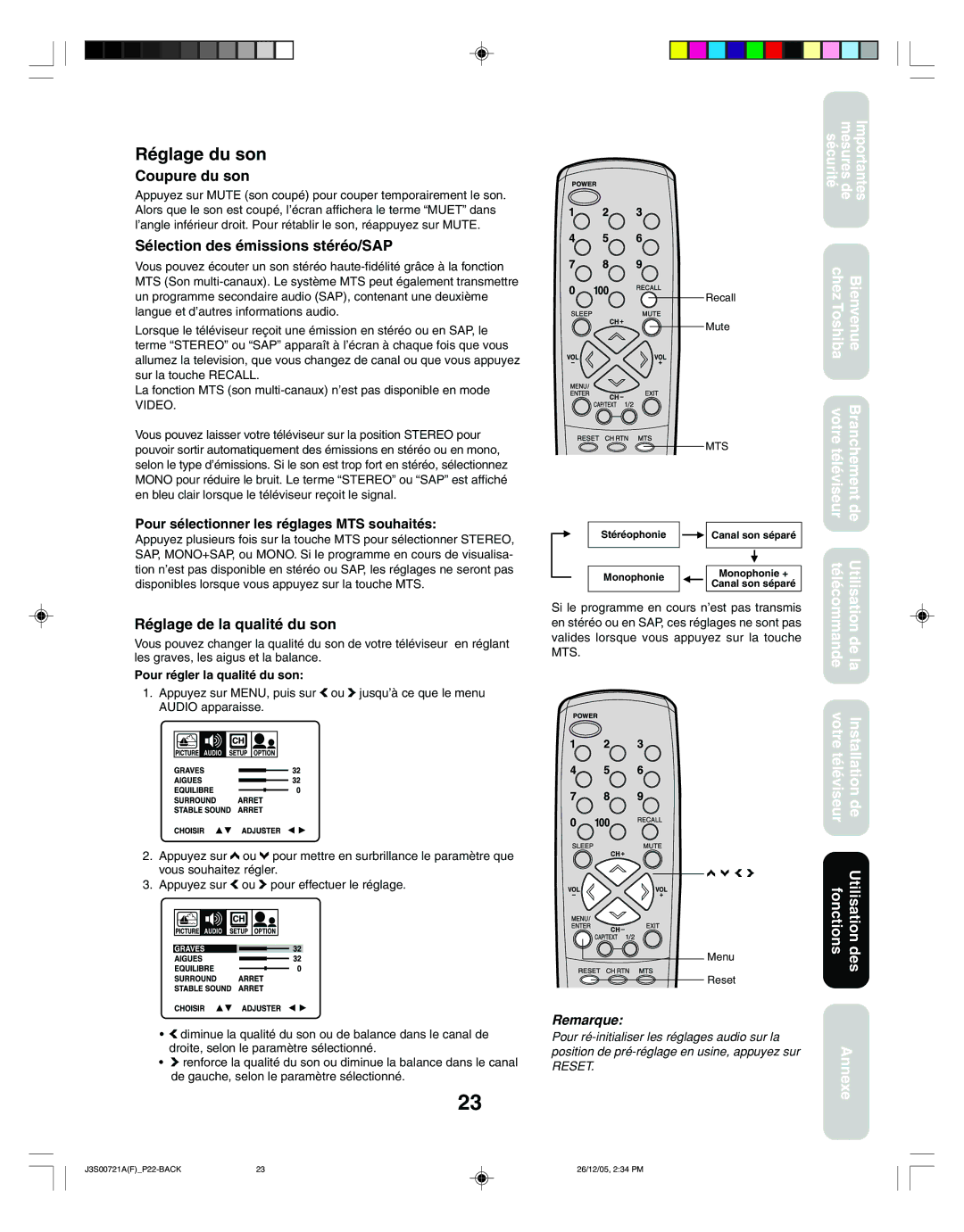 Toshiba 14AF46C, 20AF46C Réglage du son, Coupure du son, Sélection des émissions stéréo/SAP, Réglage de la qualité du son 