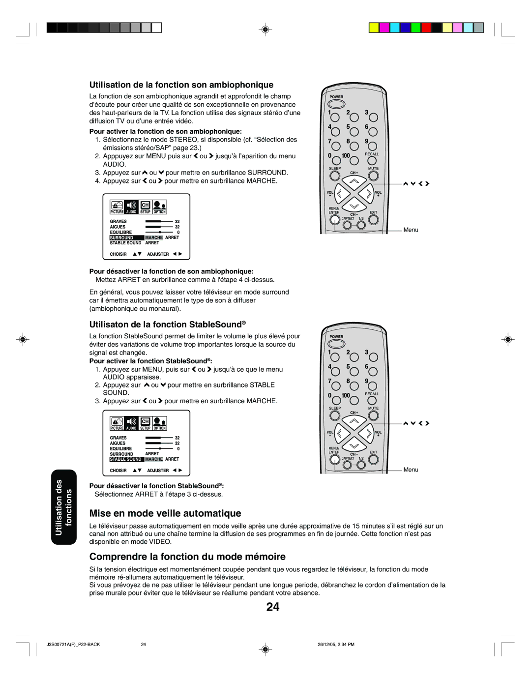 Toshiba 20AF46C, 14AF46C appendix Mise en mode veille automatique, Comprendre la fonction du mode mémoire 