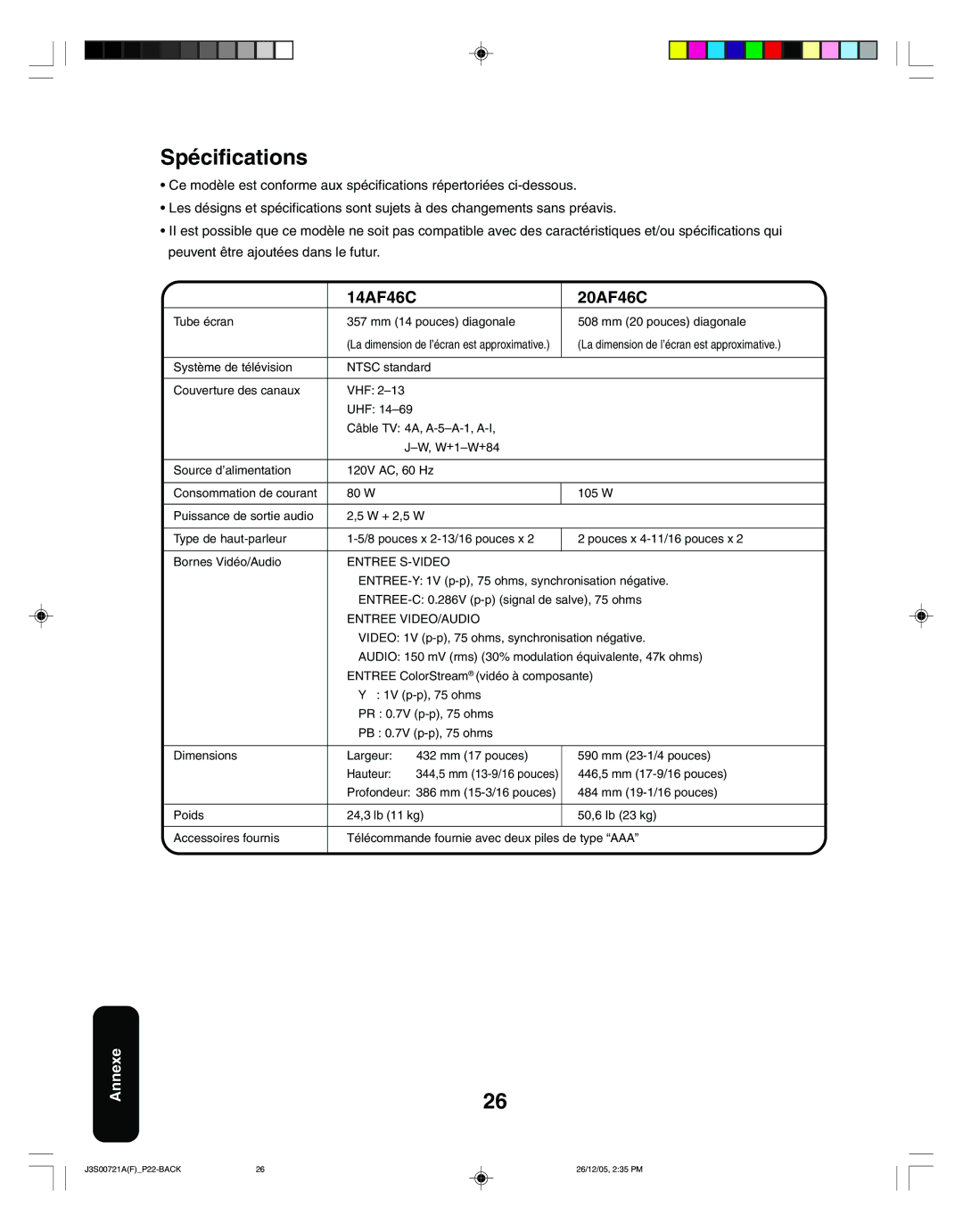 Toshiba 20AF46C, 14AF46C appendix Spécifications, Entree S-VIDEO 