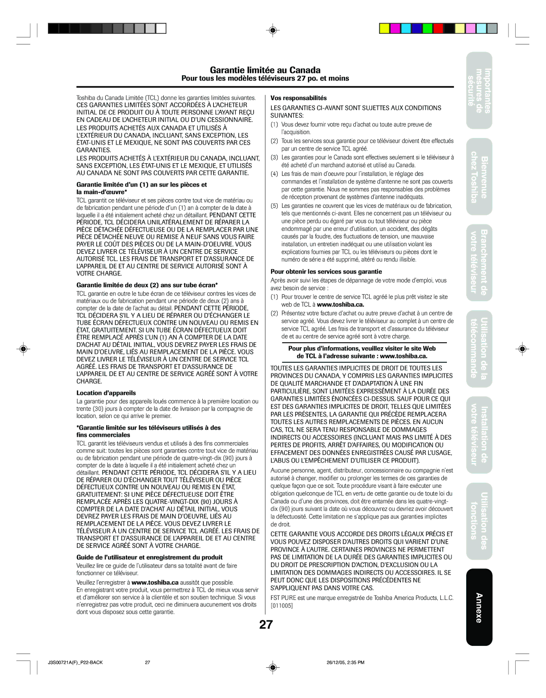 Toshiba 14AF46C, 20AF46C appendix Garantie limitée au Canada 