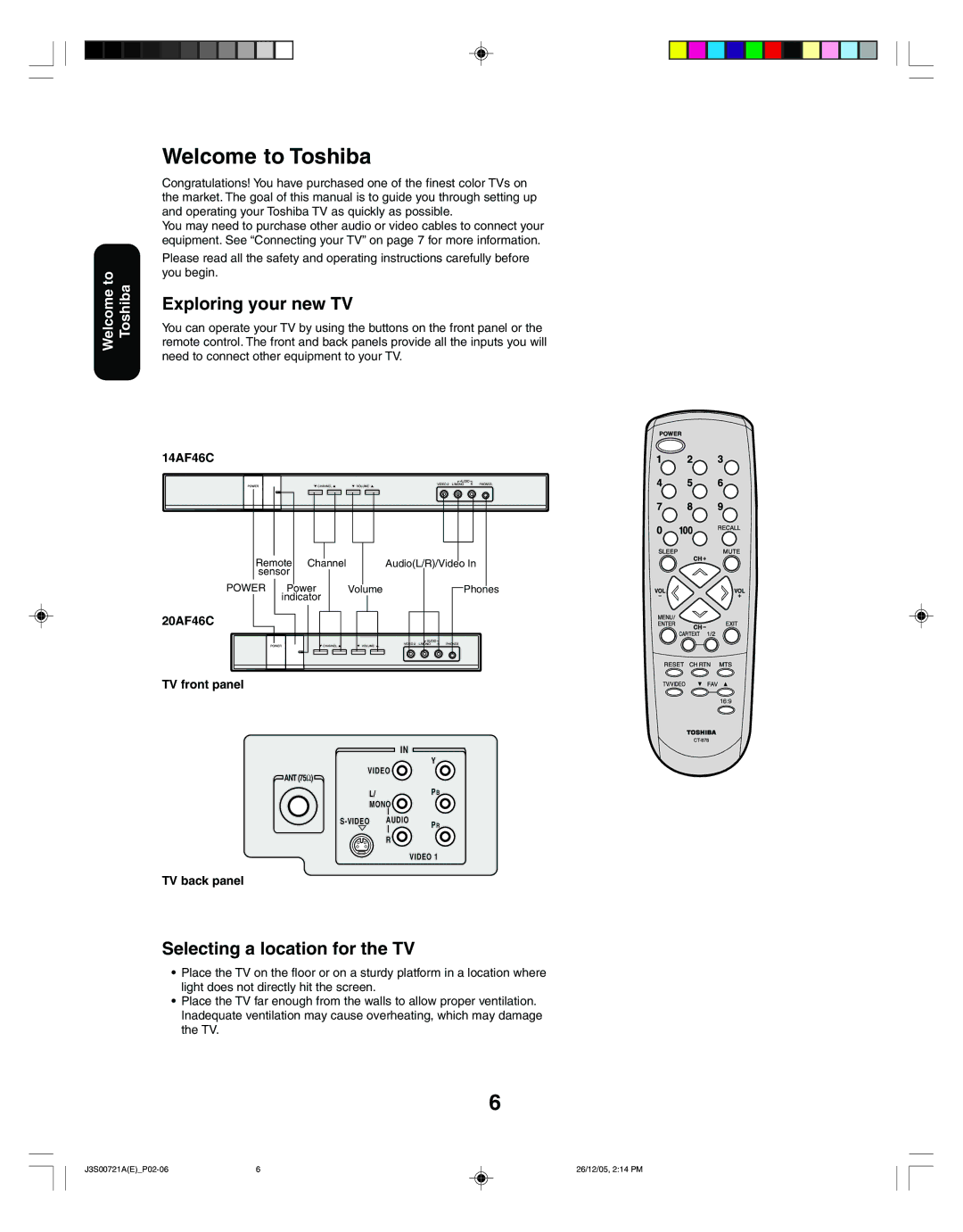 Toshiba 20AF46C, 14AF46C appendix Welcome to Toshiba, Exploring your new TV, Selecting a location for the TV 