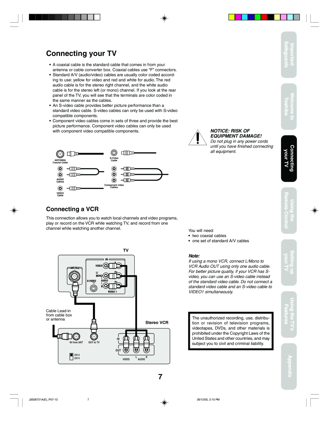 Toshiba 14AF46C, 20AF46C appendix Connecting your TV, Connecting a VCR, Stereo VCR 