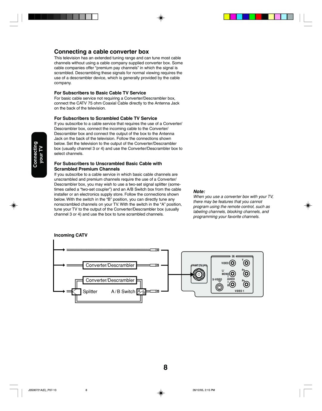 Toshiba 20AF46C, 14AF46C appendix Connecting a cable converter box, For Subscribers to Basic Cable TV Service 