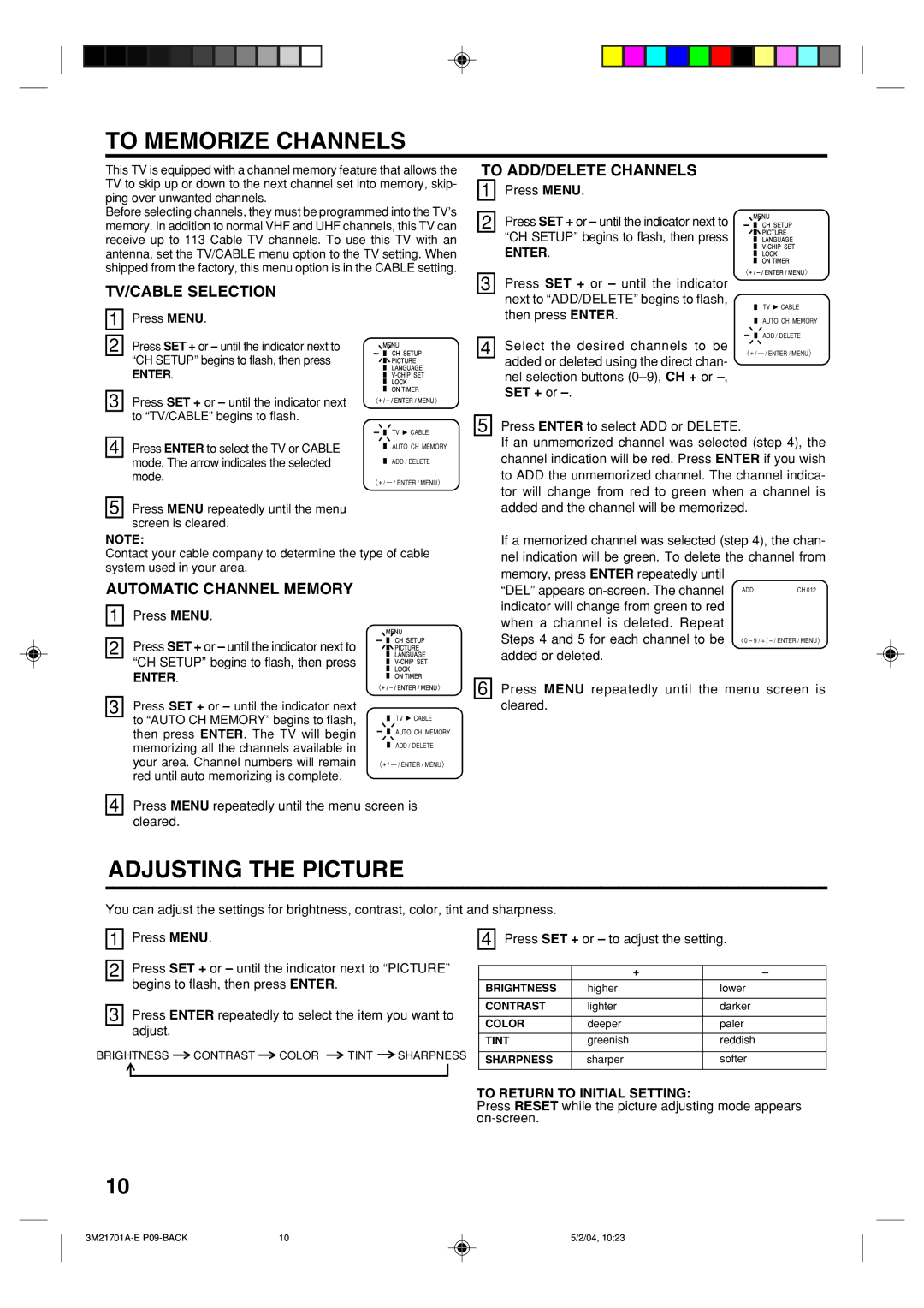 Toshiba 20AS24 manual To Memorize Channels, Adjusting the Picture, To ADD/DELETE Channels, TV/CABLE Selection 