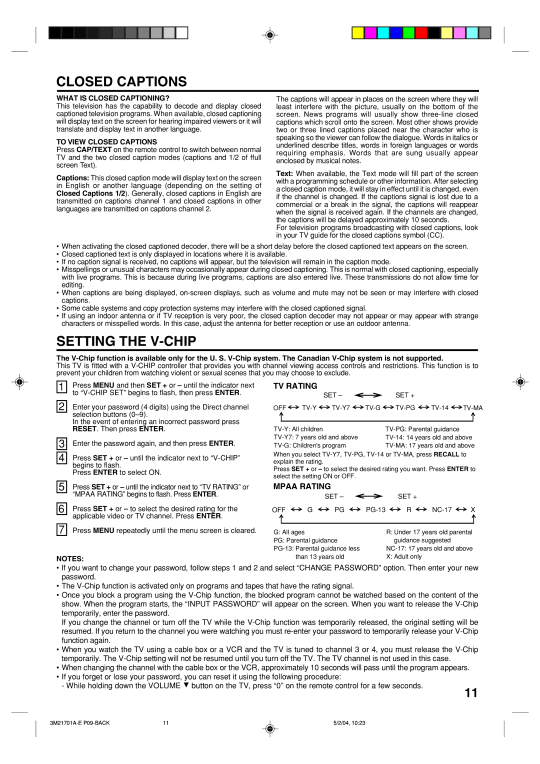 Toshiba 20AS24 manual Closed Captions, Setting the V-CHIP, TV Rating, Mpaa Rating 