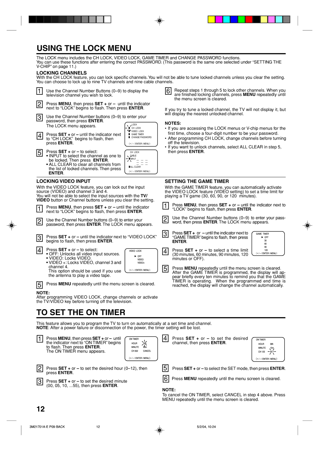 Toshiba 20AS24 Using the Lock Menu, To SET the on Timer, Locking Channels, Locking Video Input, Setting the Game Timer 