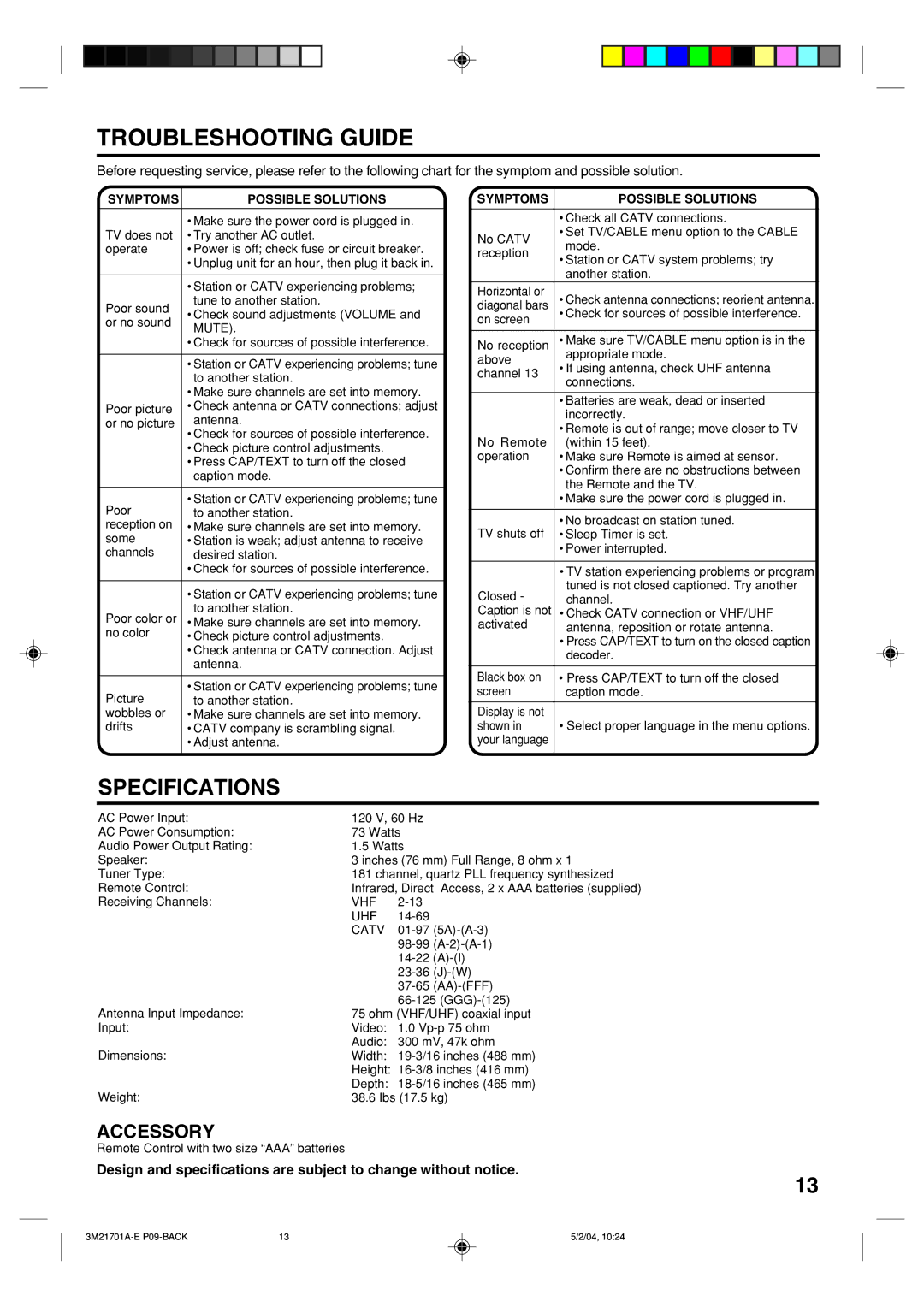 Toshiba 20AS24 manual Troubleshooting Guide, Symptoms Possible Solutions 