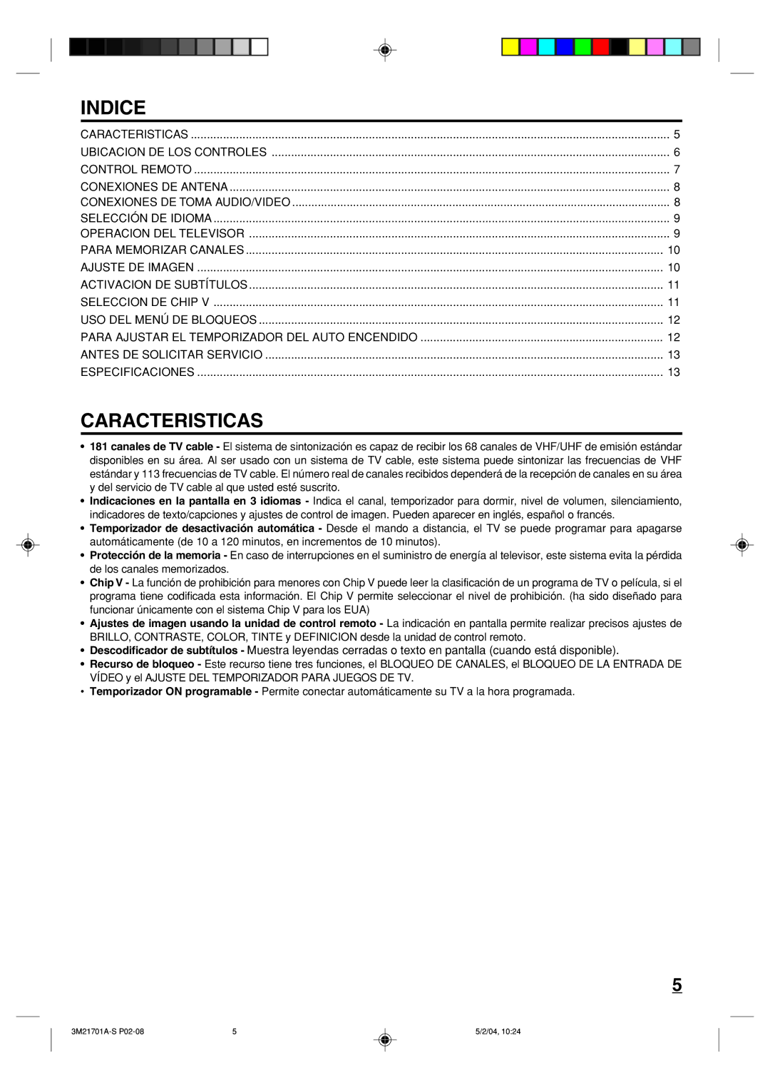 Toshiba 20AS24 manual Indice, Caracteristicas 