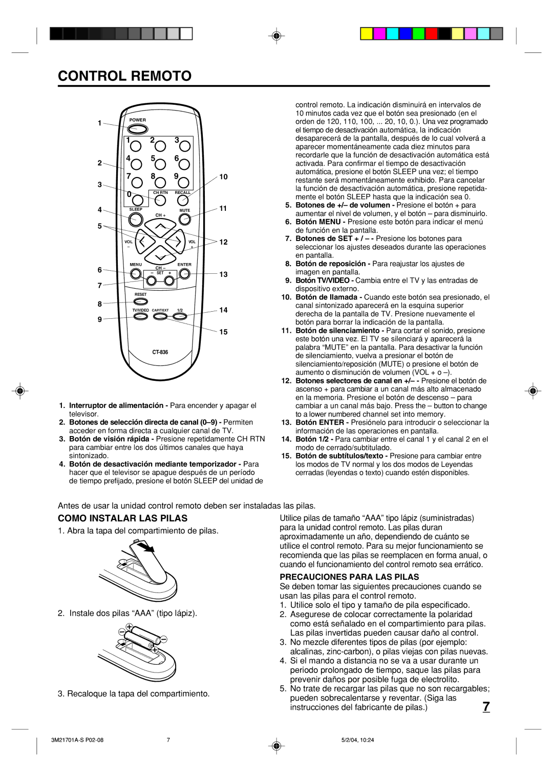 Toshiba 20AS24 manual Control Remoto, Como Instalar LAS Pilas, Precauciones Para LAS Pilas 