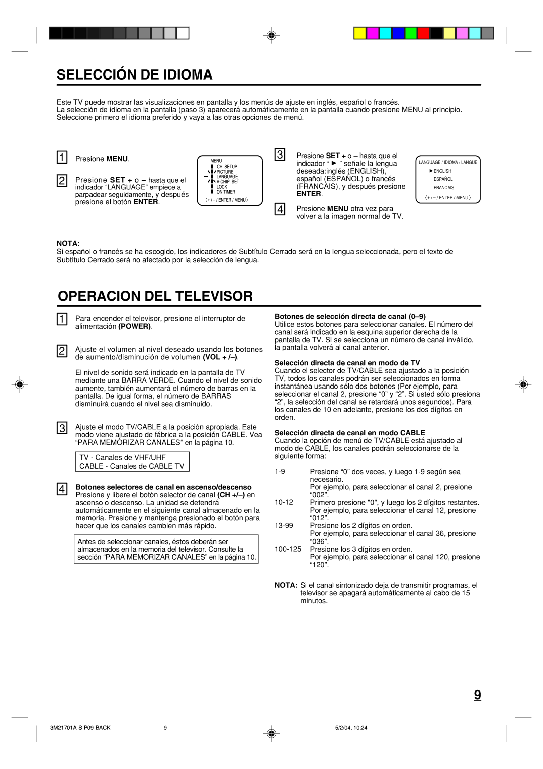 Toshiba 20AS24 manual Selección DE Idioma, Operacion DEL Televisor, Nota 