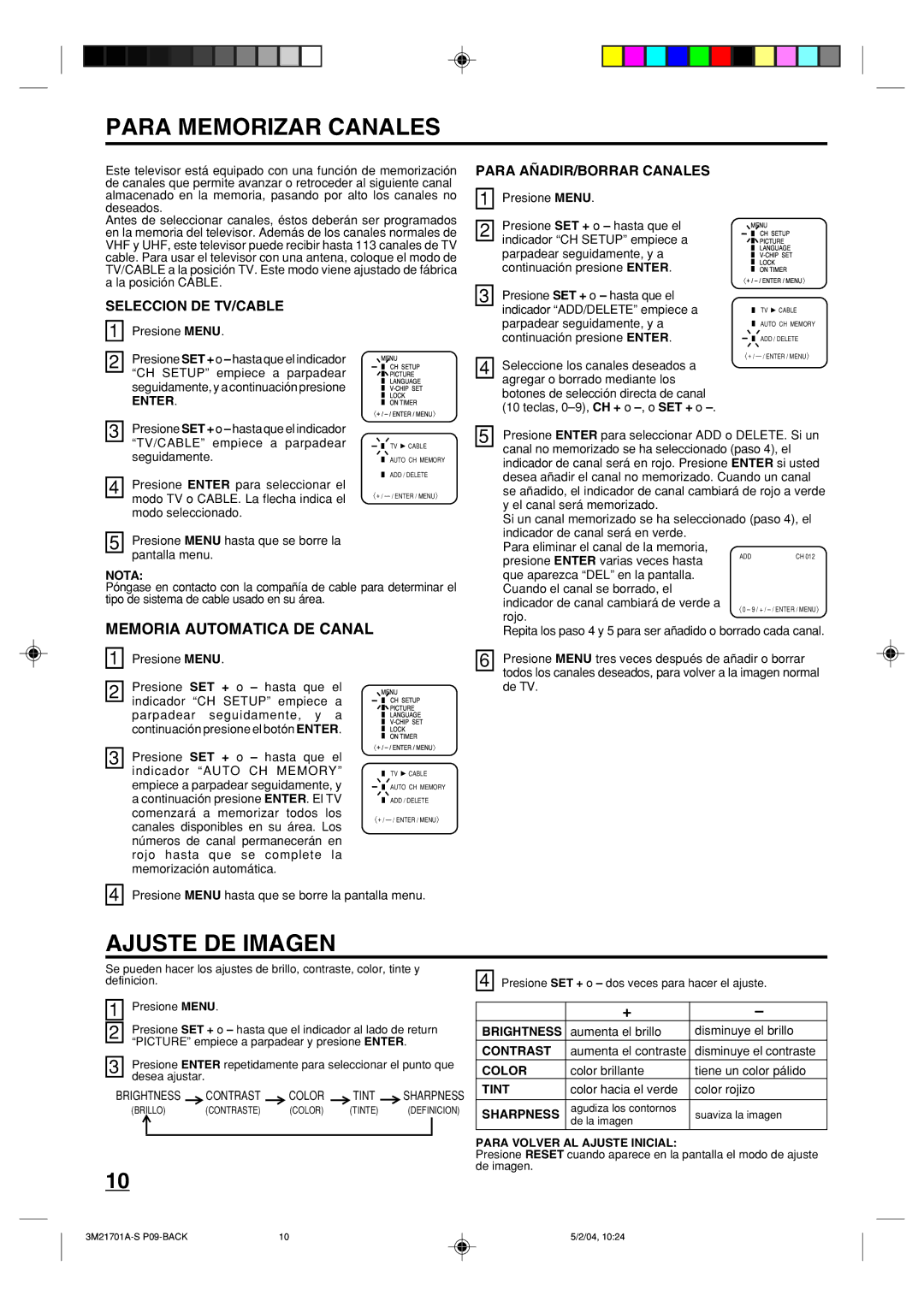 Toshiba 20AS24 manual Para Memorizar Canales, Ajuste DE Imagen, Memoria Automatica DE Canal, Para AÑADIR/BORRAR Canales 