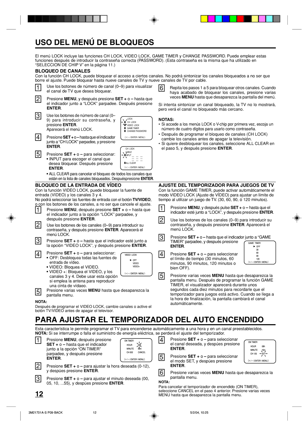 Toshiba 20AS24 manual USO DEL Menú DE Bloqueos, Para Ajustar EL Temporizador DEL Auto Encendido, Bloqueo DE Canales 