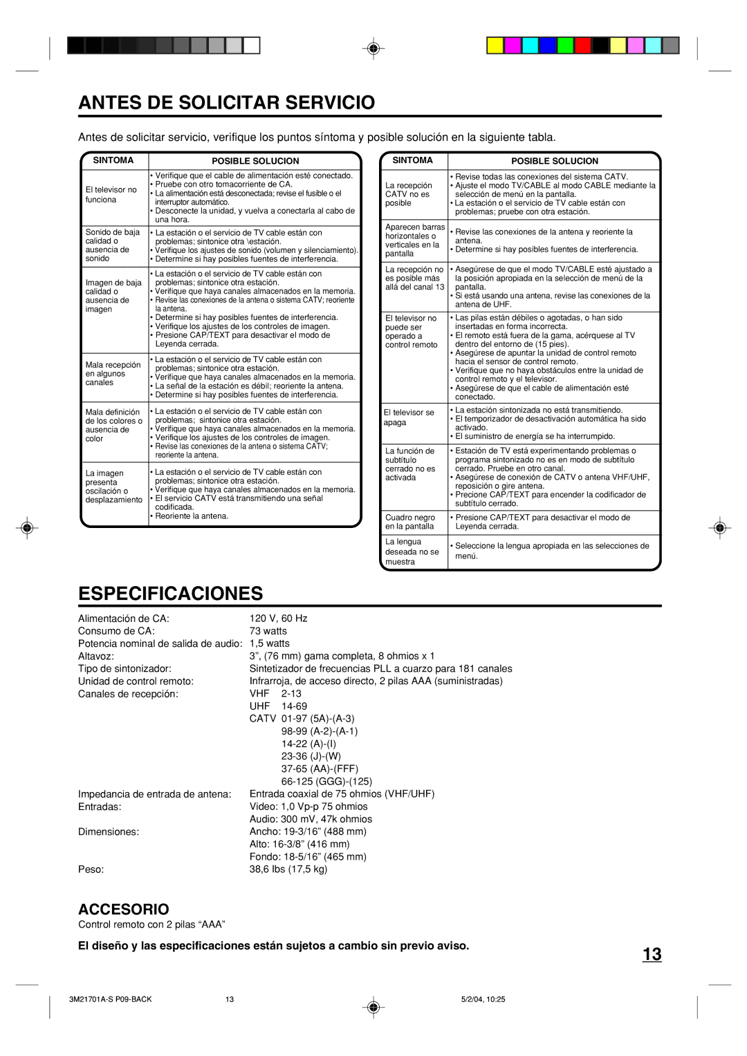 Toshiba 20AS24 manual Antes DE Solicitar Servicio, Especificaciones, Control remoto con 2 pilas Òaaaó 