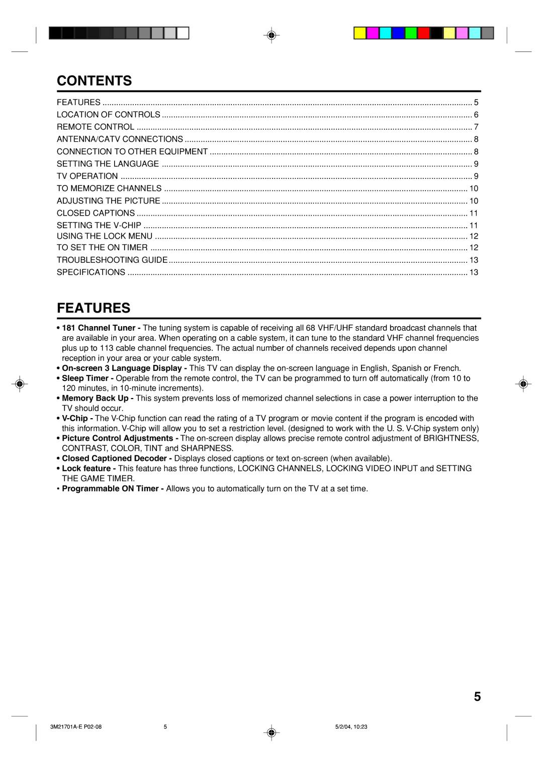 Toshiba 20AS24 manual Contents, Features 