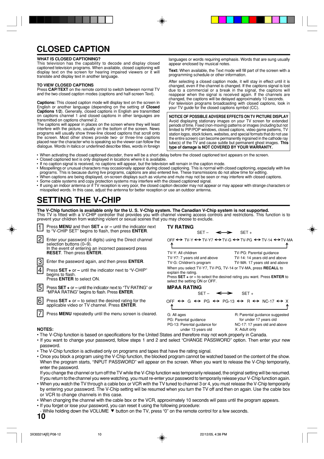 Toshiba 20AS26 manual Closed Caption, Setting the V-CHIP, TV Rating, Mpaa Rating 