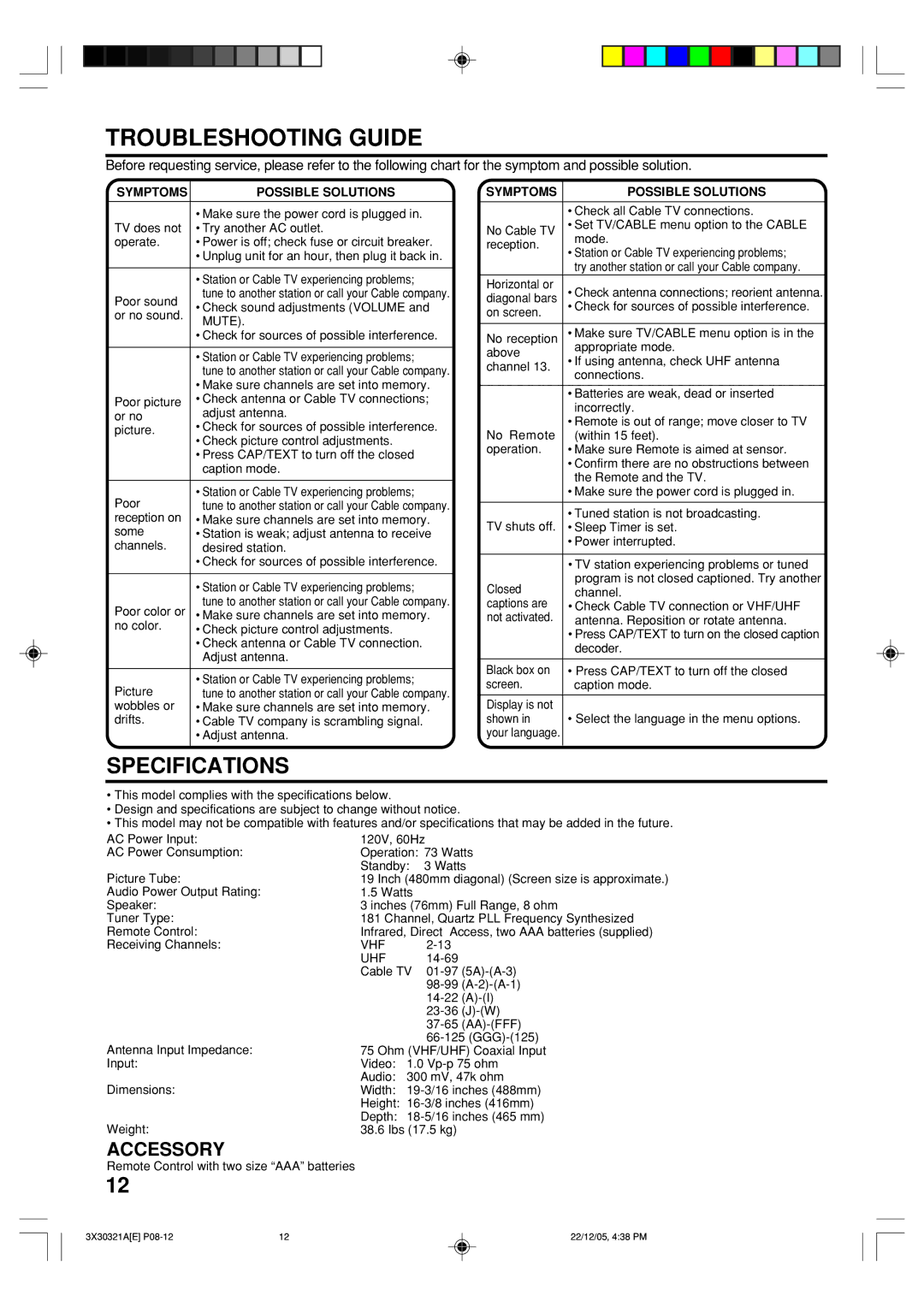 Toshiba 20AS26 manual Troubleshooting Guide, Symptoms Possible Solutions 