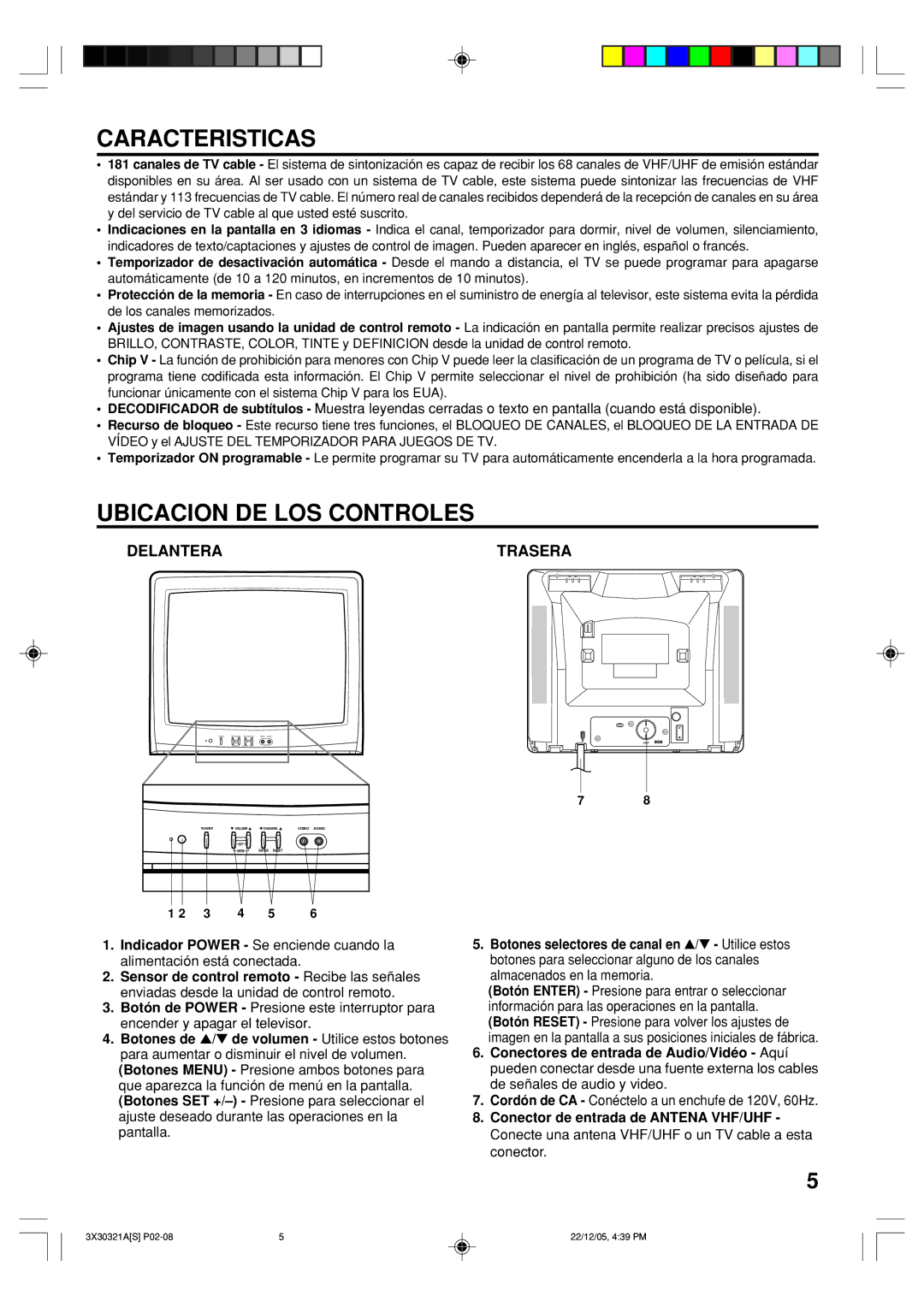 Toshiba 20AS26 manual Caracteristicas, Ubicacion DE LOS Controles, Delantera Trasera 