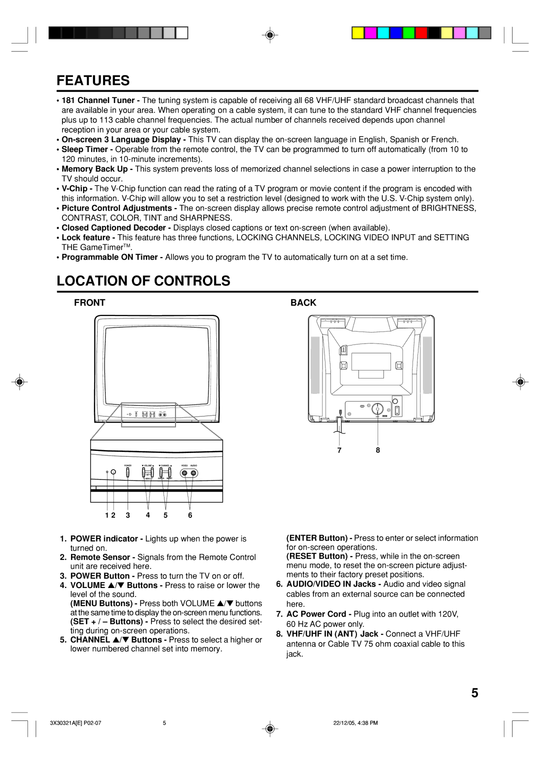 Toshiba 20AS26 manual Features, Location of Controls, Front Back 