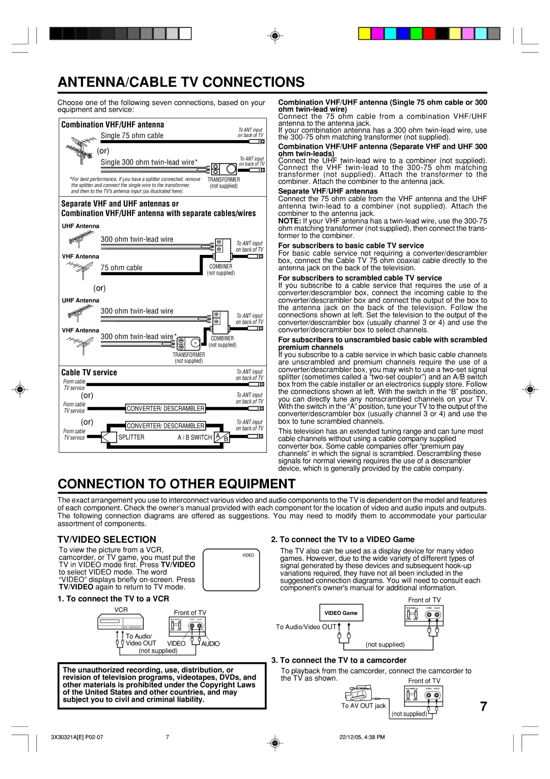 Toshiba 20AS26 manual ANTENNA/CABLE TV Connections, TV/VIDEO Selection 