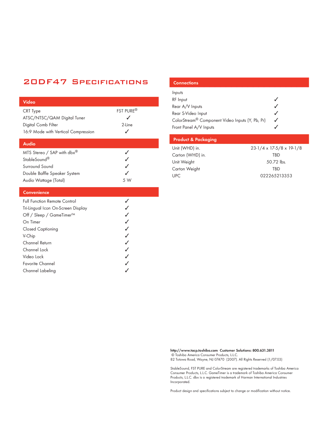 Toshiba manual 20DF47 Specifications, Video, Audio, Convenience, Connections 