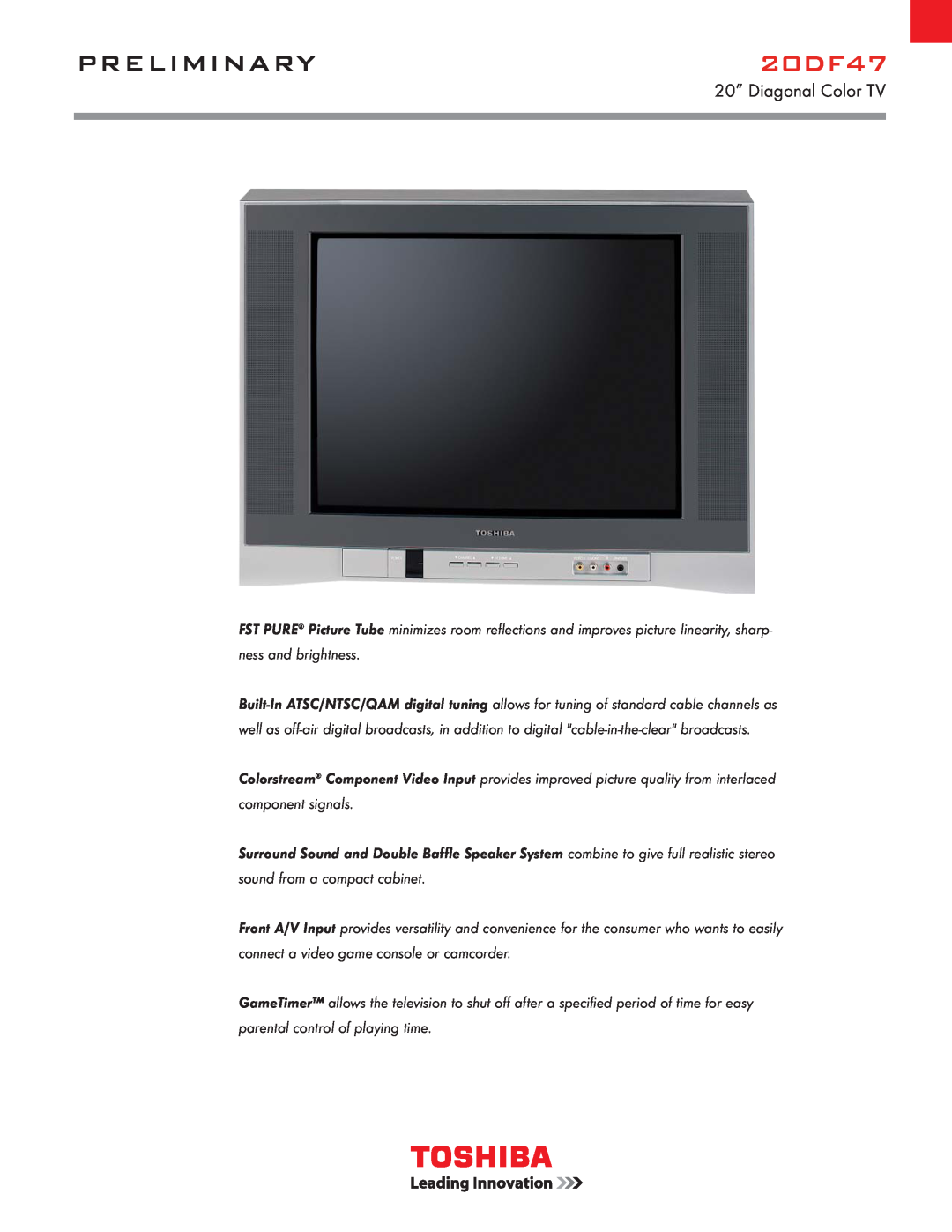Toshiba 20DF47 manual Preliminary, 20” Diagonal Color TV 
