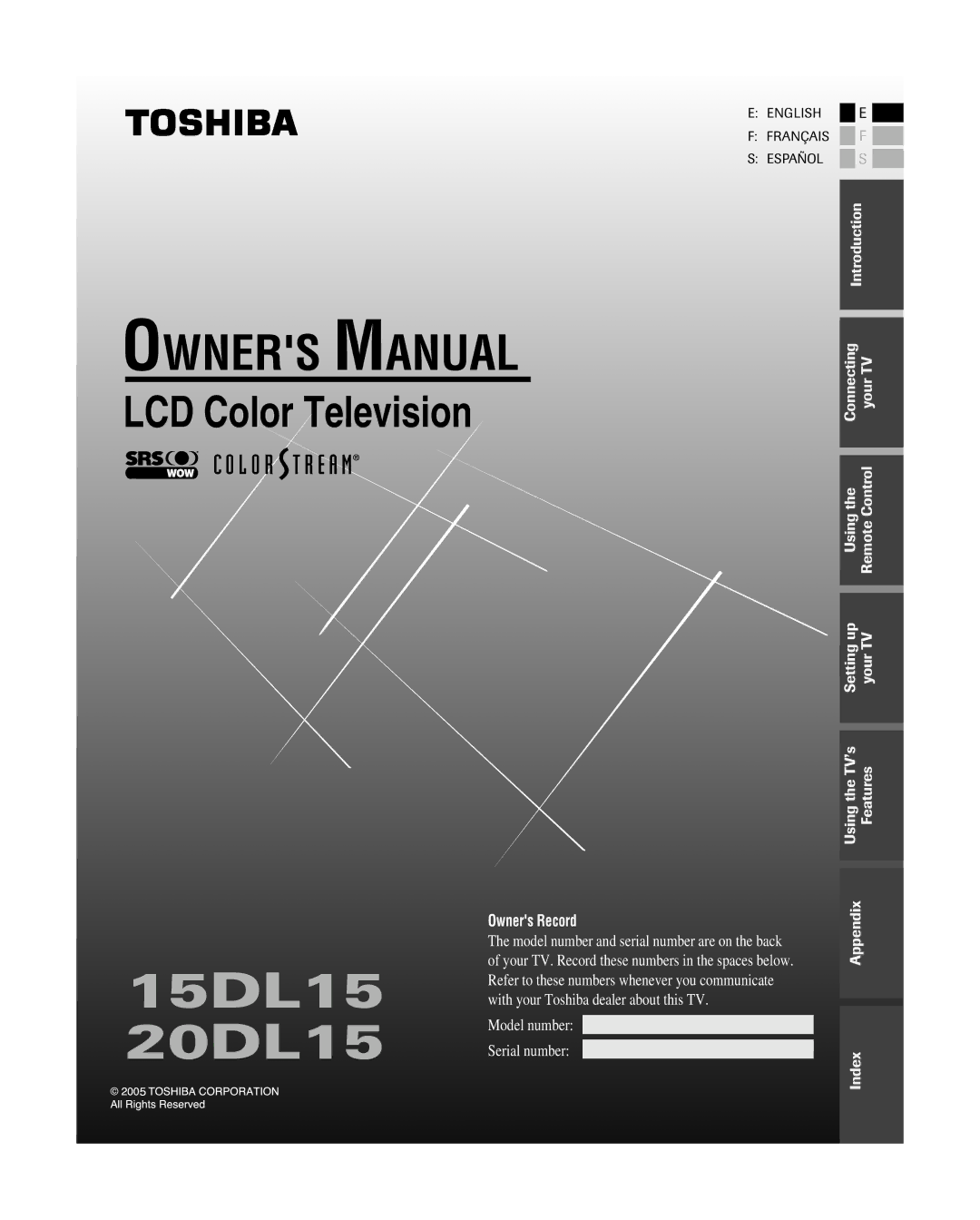 Toshiba owner manual 15DL15 20DL15, Appendix Index 