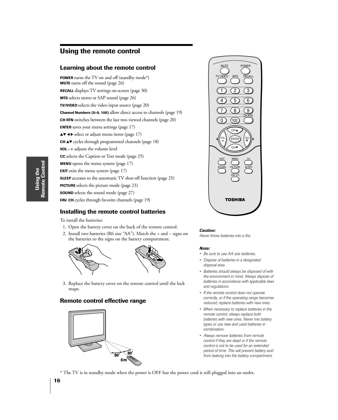 Toshiba 20DL15 Using the remote control, Learning about the remote control, Installing the remote control batteries 