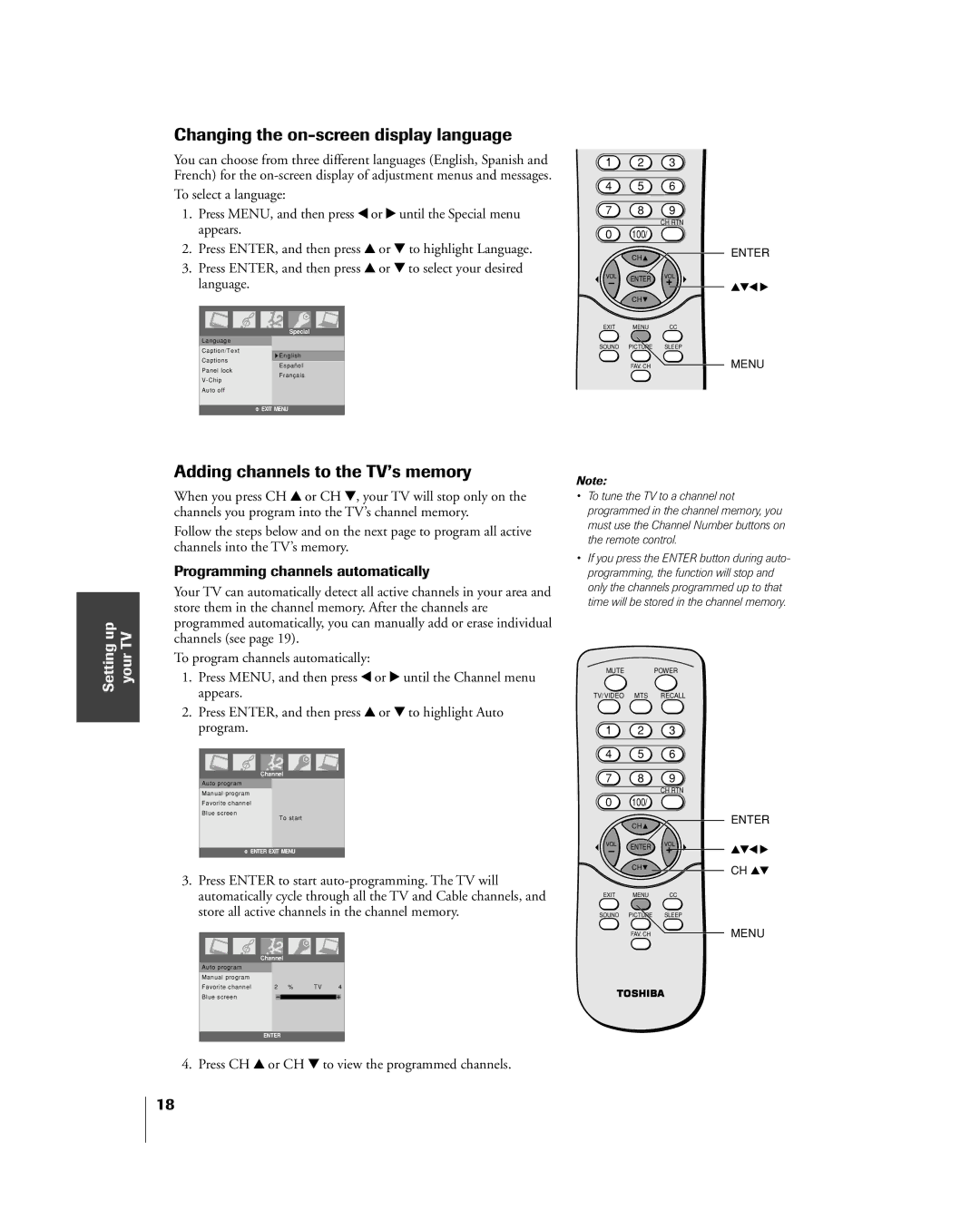 Toshiba 20DL15, 15DL15 Changing the on-screen display language, Adding channels to the TVÕs memory, Setting up your TV 