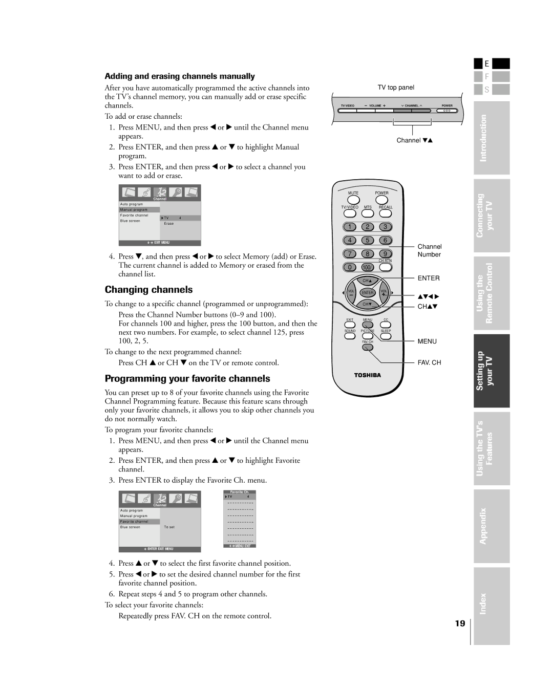 Toshiba 15DL15, 20DL15 Changing channels, Programming your favorite channels, Adding and erasing channels manually 