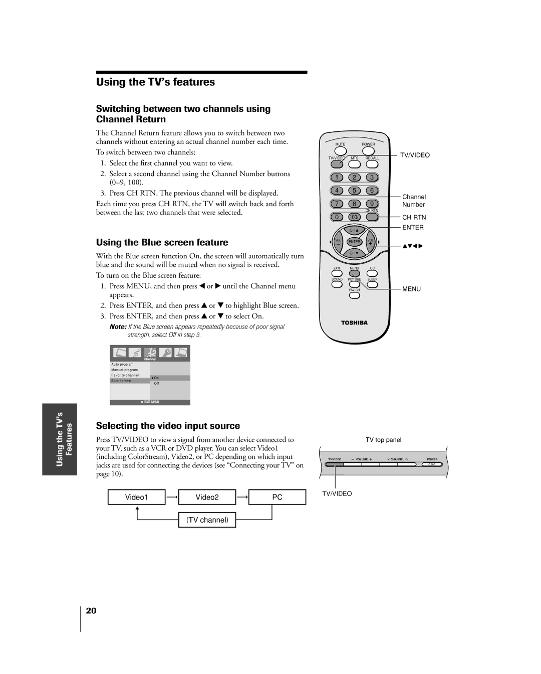 Toshiba 20DL15 Using the TVÕs features, Switching between two channels using Channel Return, Using the Blue screen feature 