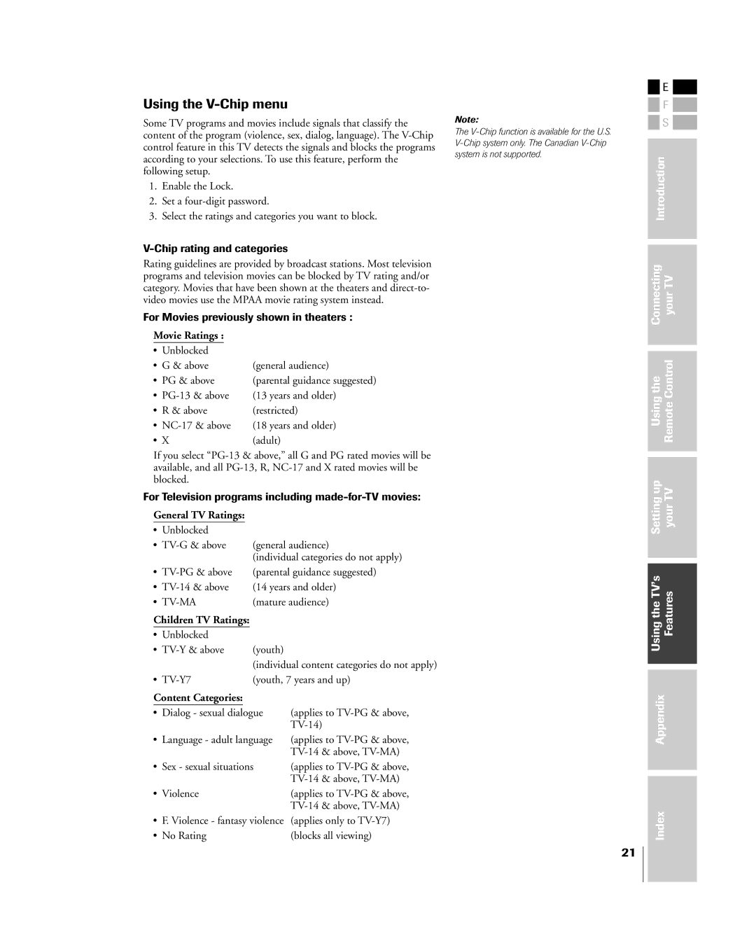 Toshiba 15DL15, 20DL15 owner manual Using the V-Chip menu, Chip rating and categories 