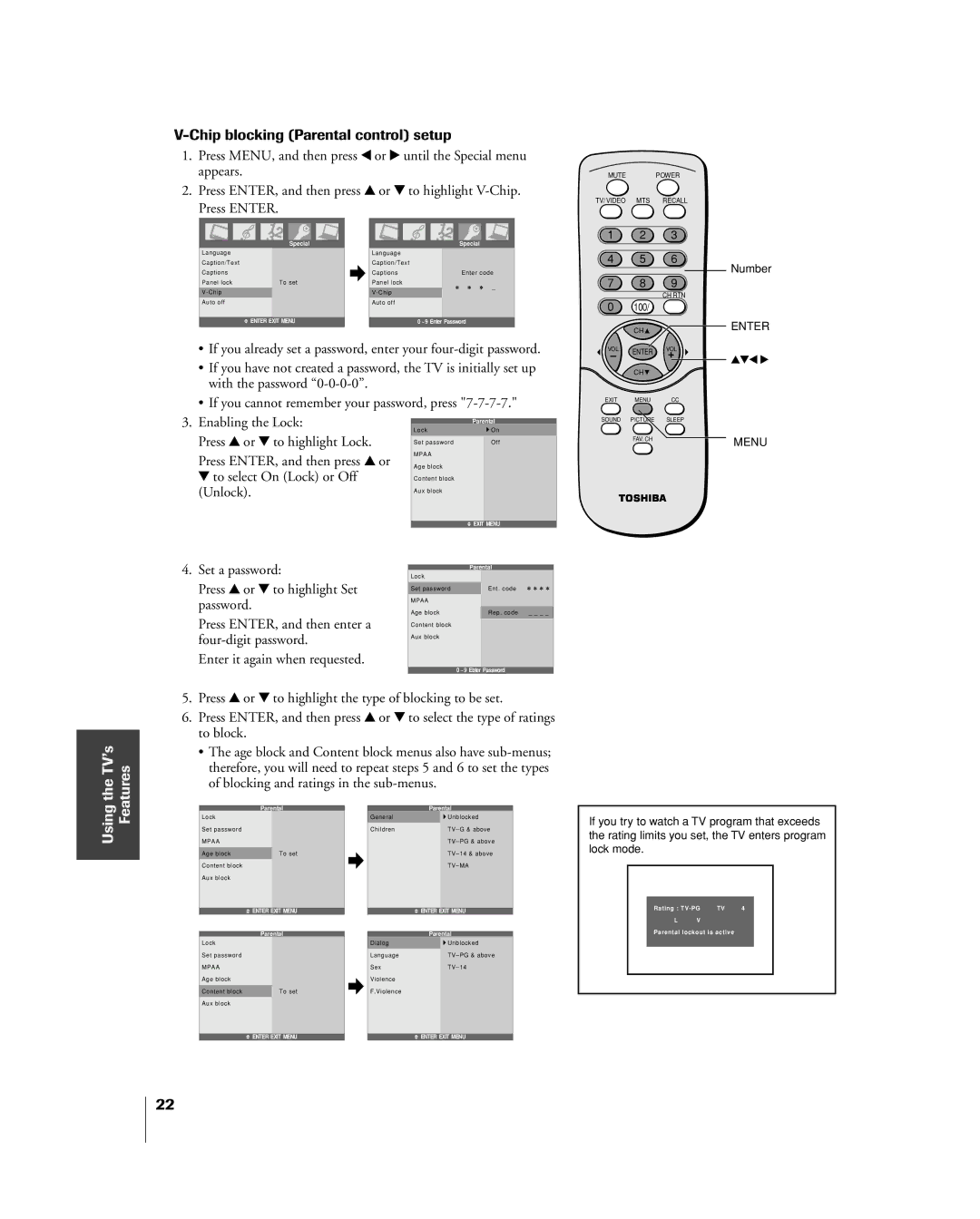 Toshiba 20DL15, 15DL15 owner manual Chip blocking Parental control setup, Using 