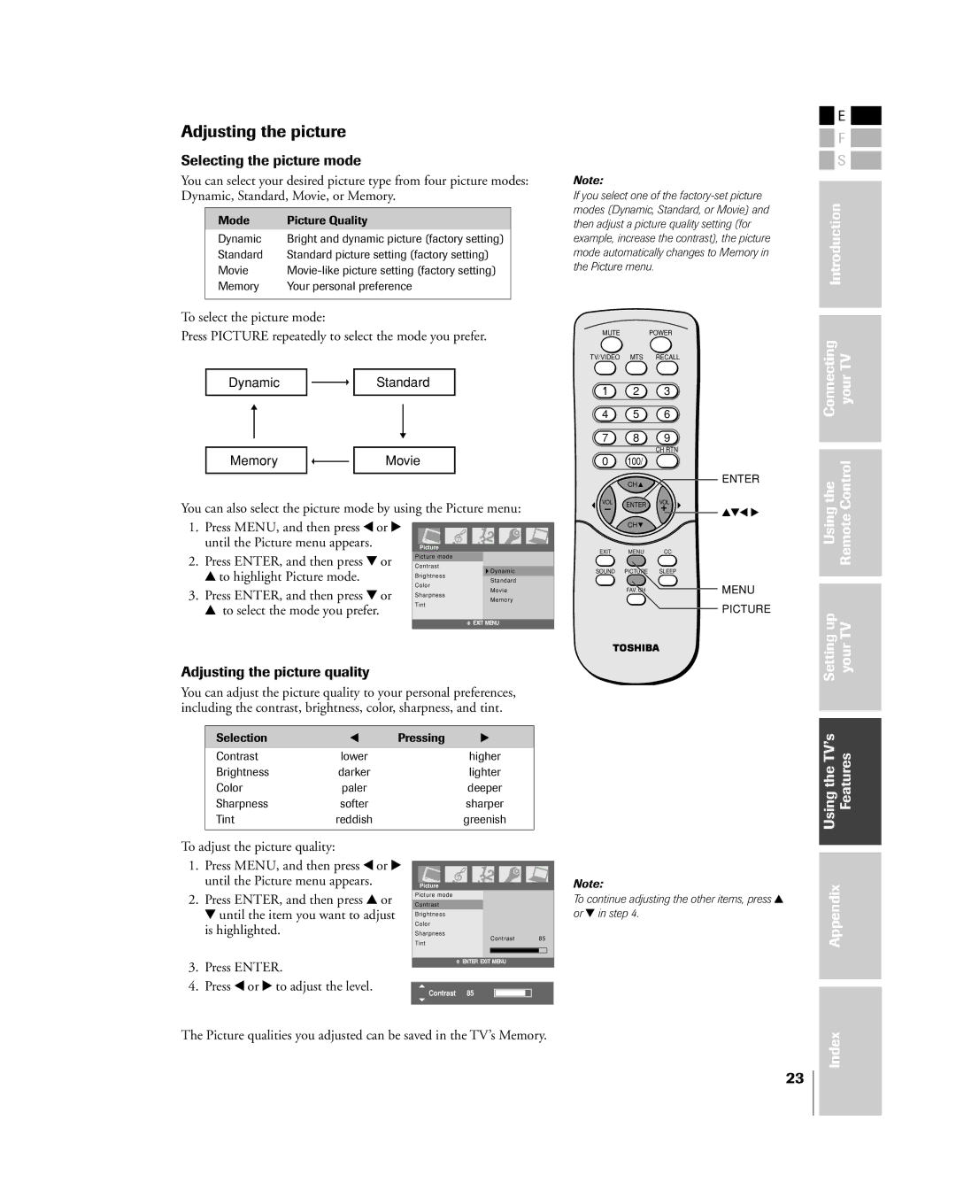 Toshiba 15DL15, 20DL15 owner manual Selecting the picture mode, Adjusting the picture quality 