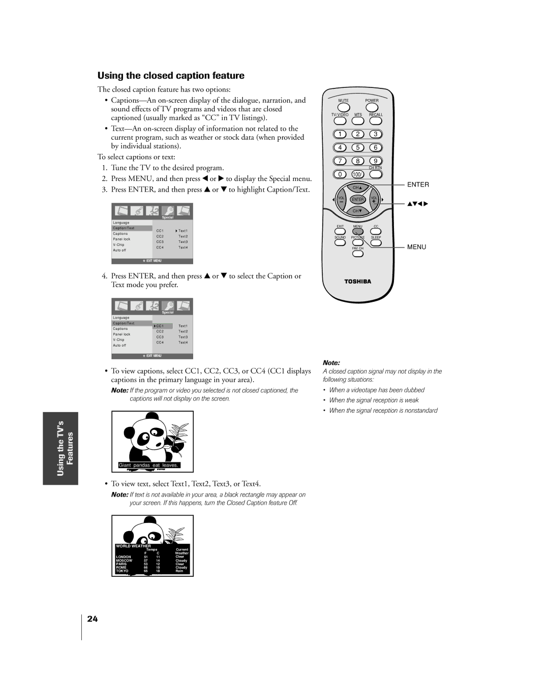 Toshiba 20DL15, 15DL15 owner manual Using the closed caption feature, To view text, select Text1, Text2, Text3, or Text4 