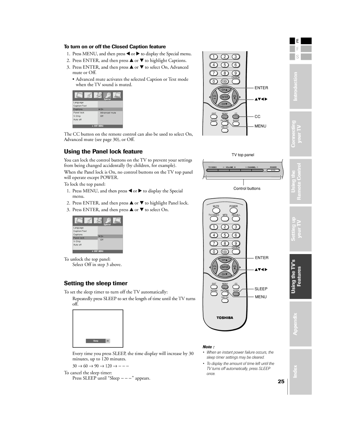 Toshiba 15DL15, 20DL15 Using the Panel lock feature, Setting the sleep timer, To turn on or off the Closed Caption feature 