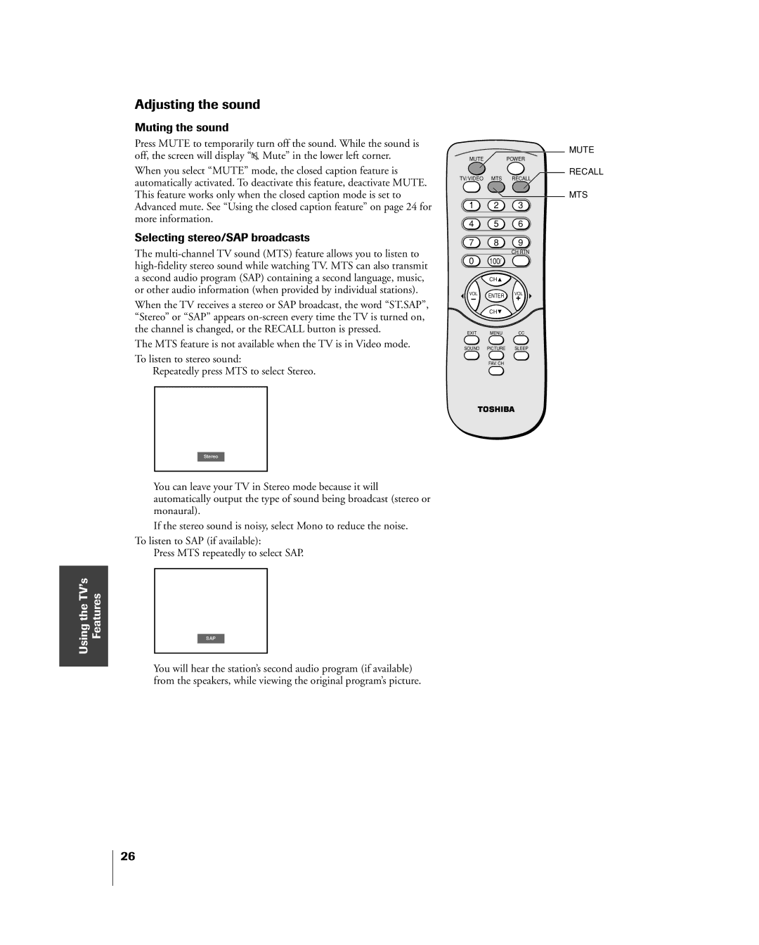 Toshiba 20DL15, 15DL15 owner manual Adjusting the sound, Muting the sound, Selecting stereo/SAP broadcasts 