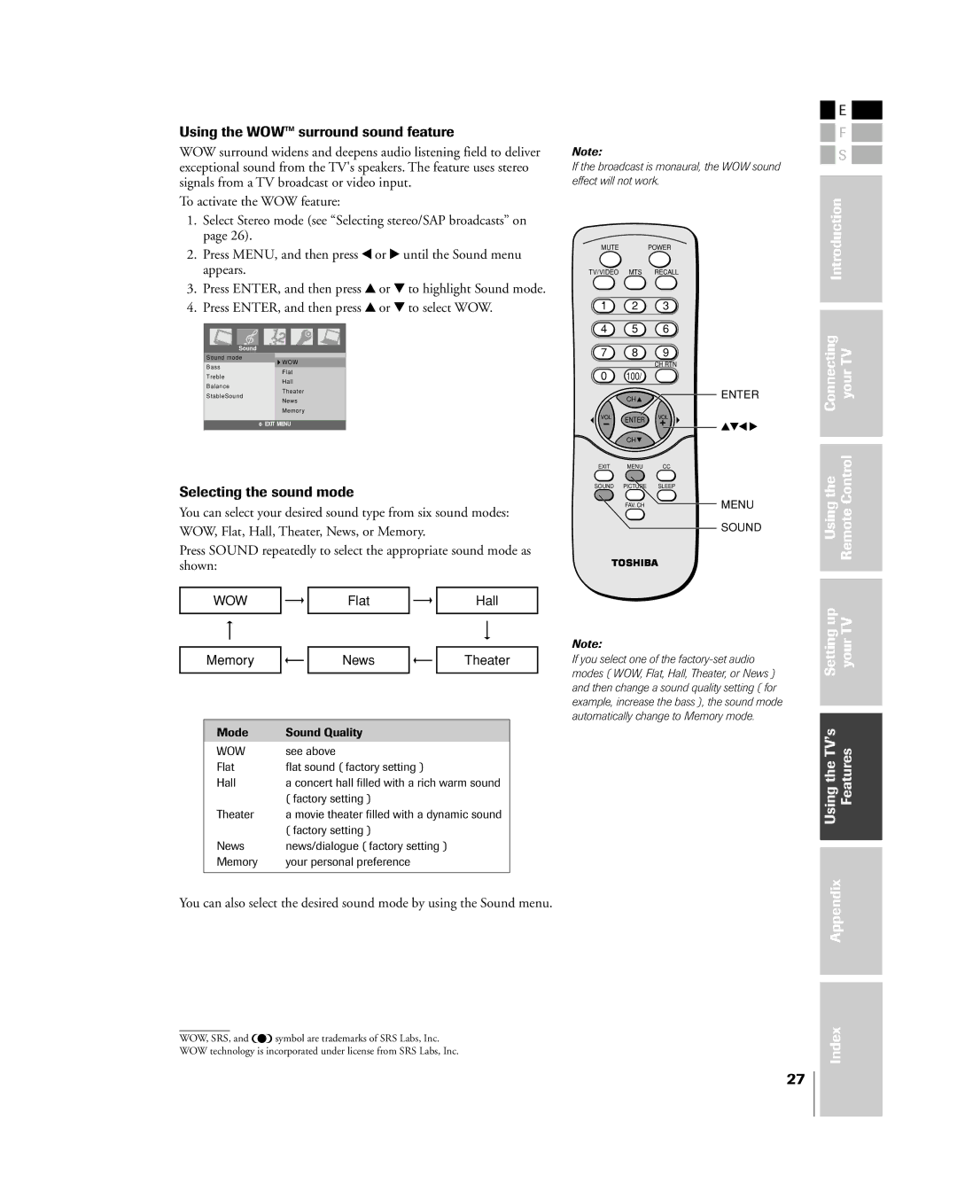 Toshiba 15DL15, 20DL15 owner manual Using the WOWª surround sound feature, Selecting the sound mode 