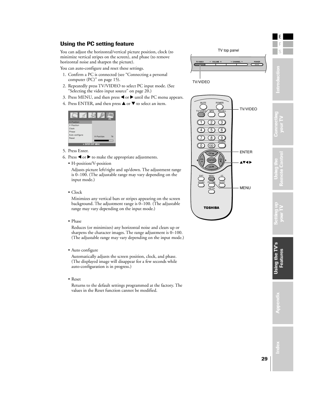 Toshiba 15DL15, 20DL15 owner manual Using the PC setting feature, Connecting yourTV 