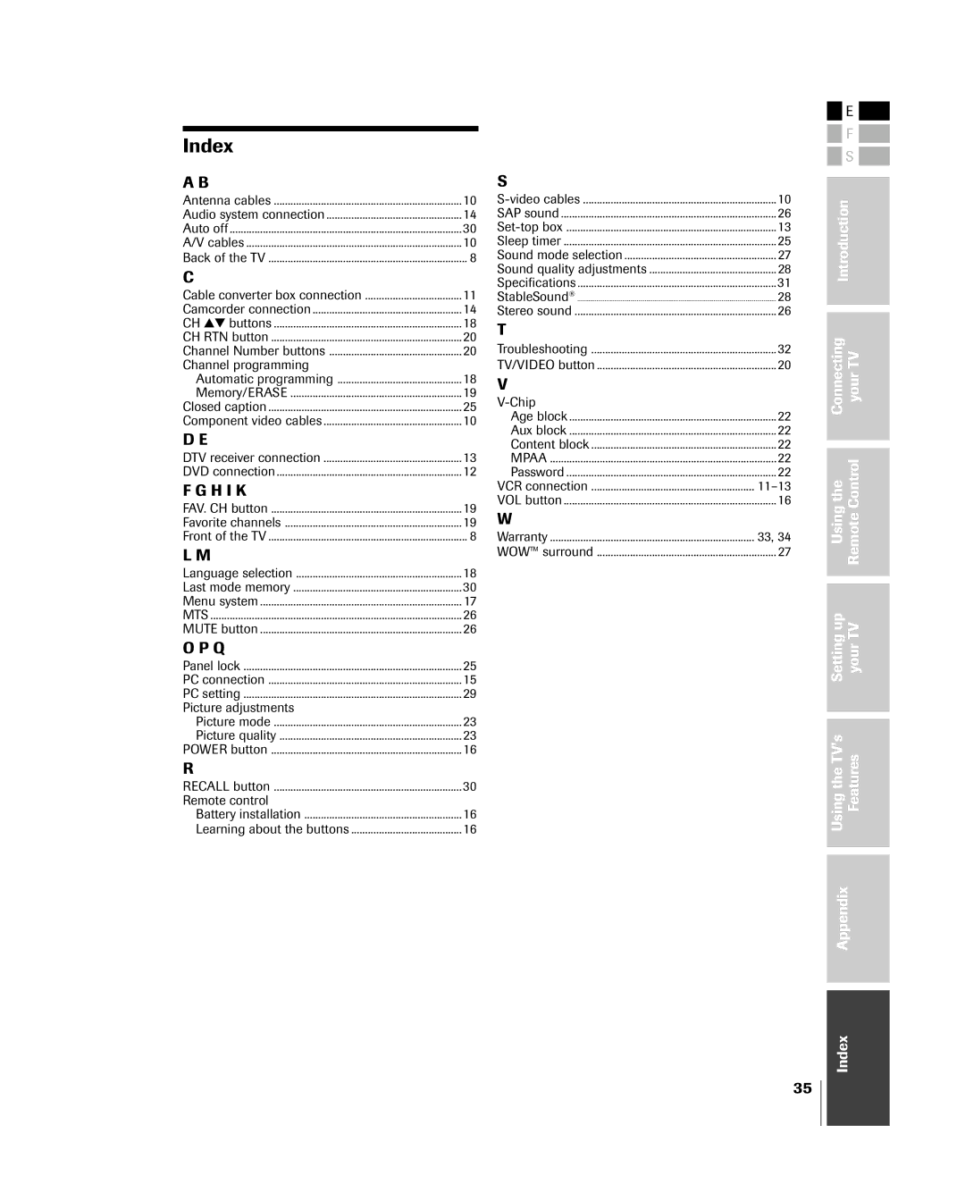 Toshiba 15DL15, 20DL15 owner manual Index, Channel programming 