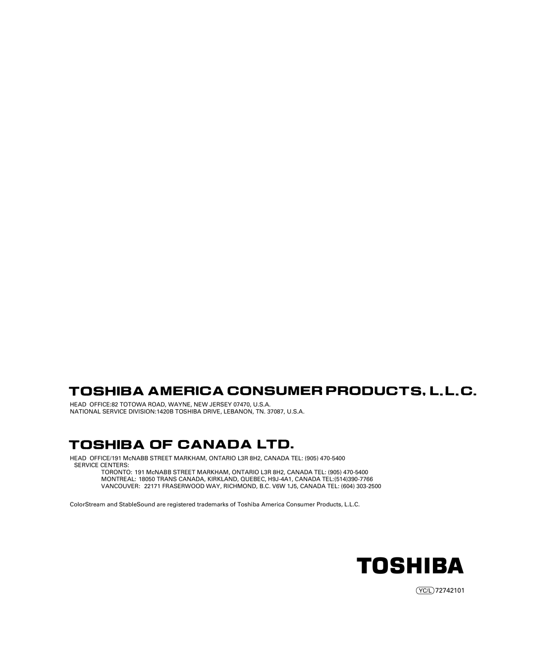 Toshiba 20DL15, 15DL15 owner manual Yc/L 