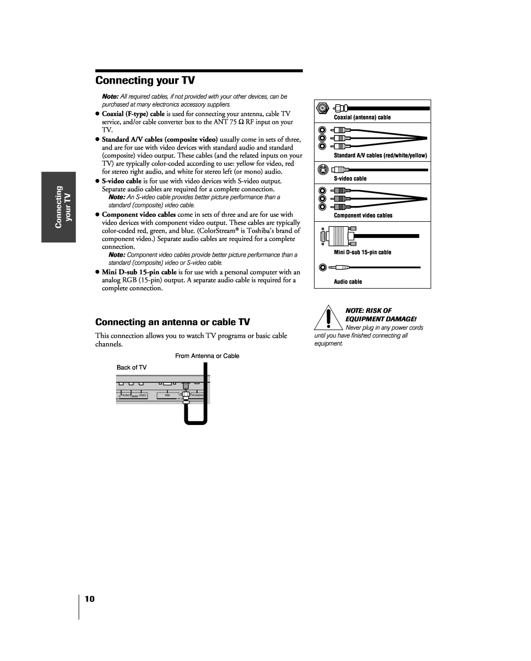 Toshiba 20DL15, 15DL15 owner manual Connecting your TV, Connecting an antenna or cable TV 